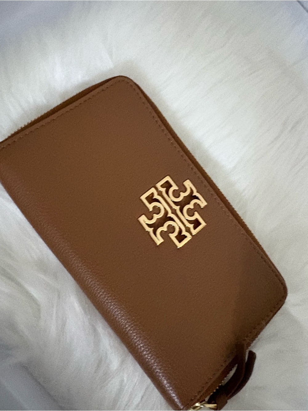 Tory Burch Caramel Brown Leather Zip-Around Wallet with Gold Logo